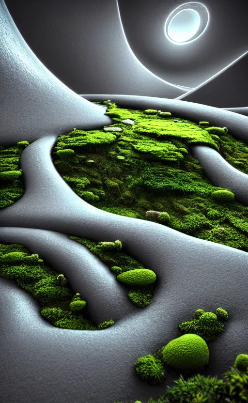 Image similar to highly detailed ultra sharp 3 d render cinematic composition of a smooth ceramic porcelain biomorphic magnolia stone nebula fluid fractal sci - fi surreal architecture landscape, granite, metallic, magnesium, marble, moss and lichen, vincent callebaut composition, mamou - mani, archviz, beautiful lighting, 8 k, unreal engine, hdr,