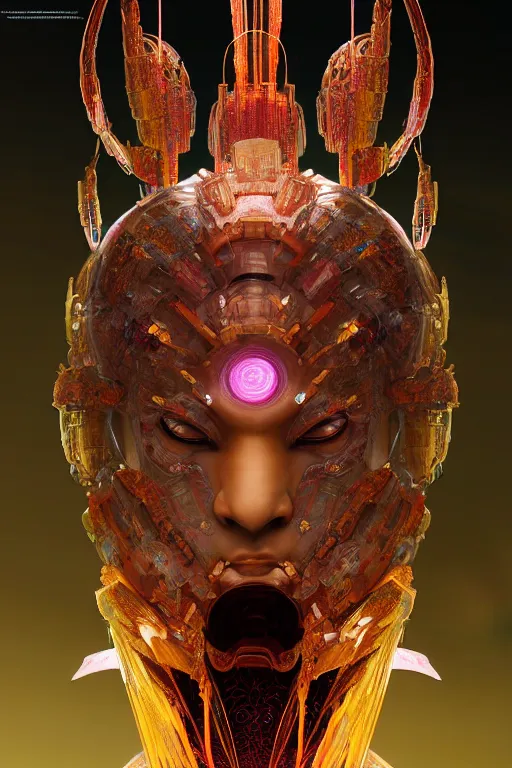 Image similar to asura from chinese myth, ghost, gorgeous and huge head ornaments, dystopian, cyberpunk, organic fractal mycelum and fungi, mecha, halfturn portrait of a big crystal face made of crystals half - turn, ominous, intricate, studio, art by anthony macbain + greg rutkowski + alphonse mucha, concept art, 4 k, sharp focus