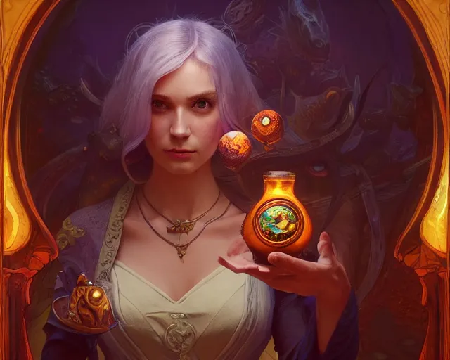 Image similar to a magic potion that changes the consumer into a toad, deep focus, d & d, fantasy, intricate, elegant, highly detailed, digital painting, artstation, concept art, matte, sharp focus, illustration, hearthstone, art by artgerm and greg rutkowski and alphonse mucha