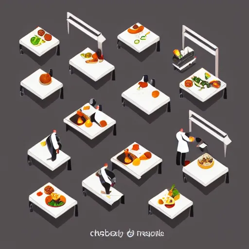 Prompt: isometric flat art of a chef cooking in the kitchen