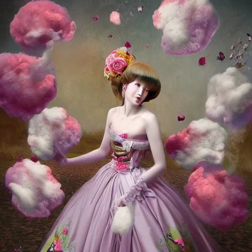 Image similar to 8 k, octane render, realism, tonalism, renaissance, rococo, baroque, portrait of a young - lady wearing long - harajuku manga - dress with flowers and skulls, cotton candy!! ( background chaotic cotton candy flowers )