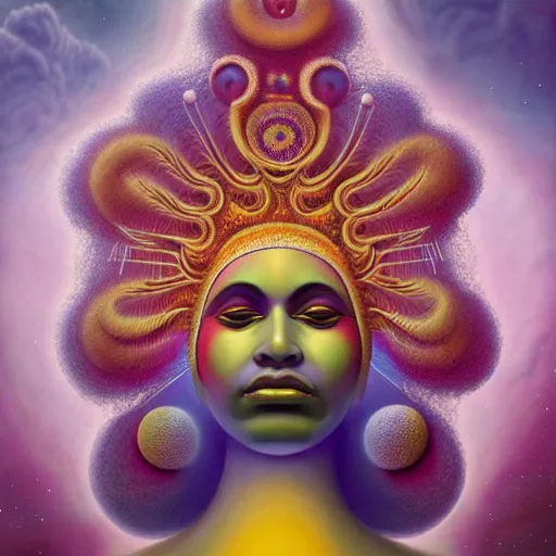 Image similar to obatala the cosmic god sitting in a cabana made of nebula clouds, by Adi granov and afarin sajedi and amanda sage and evgeni gordiets and Agostino Arrivabene in a psychedelic portrait style, ultrarealistic matte painting, volumetric lighting, fractal, extremely symmetrical, highly detailed face, orisha, 8k, hd