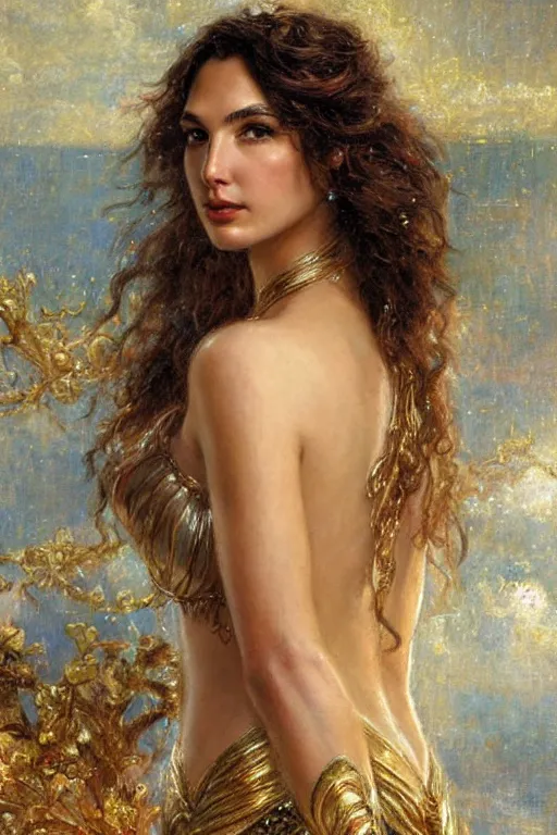 Image similar to high detail portrait of gal gadot as the goddess aphrodite. art by gaston bussiere.