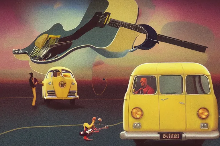 Prompt: the beatles performs with guitar on a yellow flying minivan, sci fi, art by mike winkelmann, trending on cgsociety, retrofuturism, darksynth, sci - fi