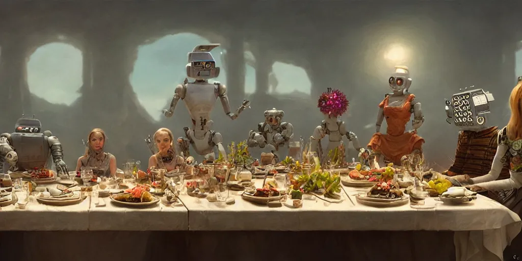 Image similar to a table dinner of robots where robots are dressed like the characters from the midsommar movie, sharp focus, wide shot, trending on artstation, masterpiece, by greg rutkowski, by ross tran, by fenghua zhong, octane, soft render, ultrarealistic, colorful, cinematic