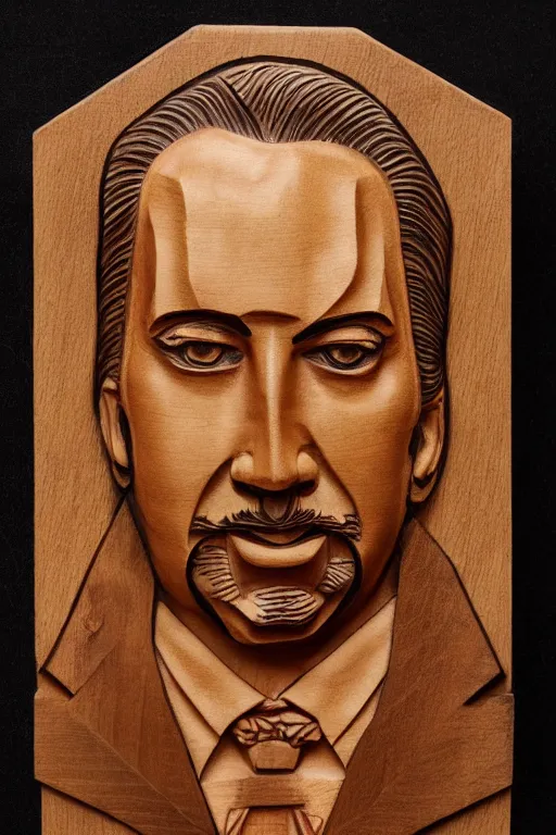 Prompt: Portrait of Nicholas Cage, colored Japanese wood carving