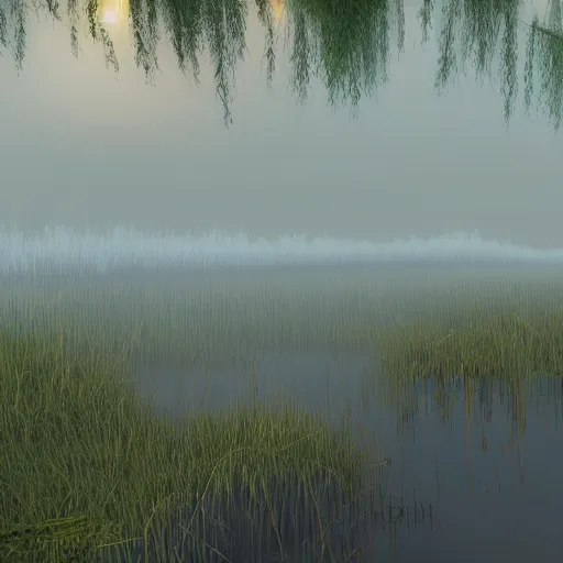 Image similar to artistic swamp with mystic fog, water on the foreground, from horror movies, artstation, low poly vegetation, fisher with fishing rode