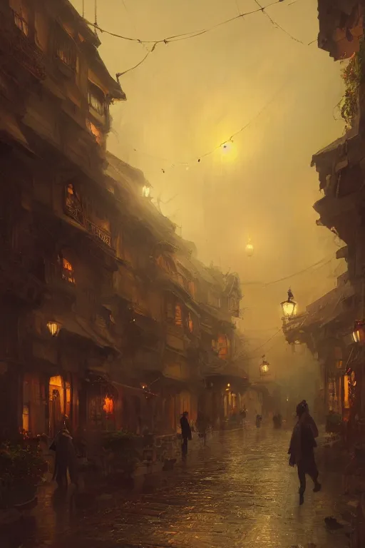 Image similar to inside the antique city of Avalon at dusk, intricate, elegant, volumetric lighting, digital painting, highly detailed, artstation, sharp focus, illustration, concept art, ruan jia, steve mccurry