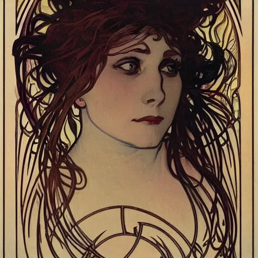 Prompt: detailed face portrait of a witch with fire rising out of her hair by Alphonse Mucha, , Art Nouveau, Neo-Gothic, rich deep moody colors