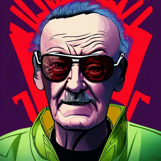 Image similar to cyberpunk stan lee as the leader of a futuristic communist nation, cybernetics, sharp lines, digital, artstation, colored in