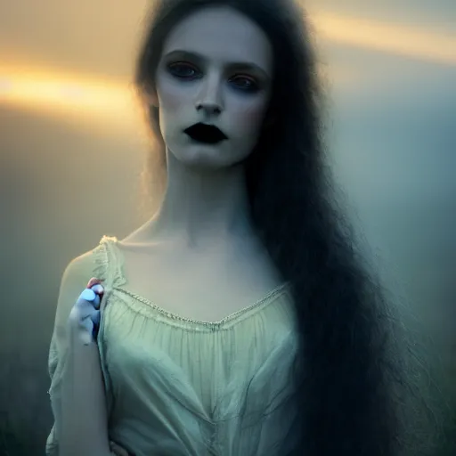 Image similar to photographic portrait of a stunningly beautiful gothic female in soft dreamy light at sunset, god rays, contemporary fashion shoot, by edward robert hughes, gustav klimt, annie leibovitz and steve mccurry, david lazar, jimmy nelsson, breathtaking, 8 k resolution, extremely detailed, beautiful, establishing shot, artistic, hyperrealistic, beautiful face, octane render