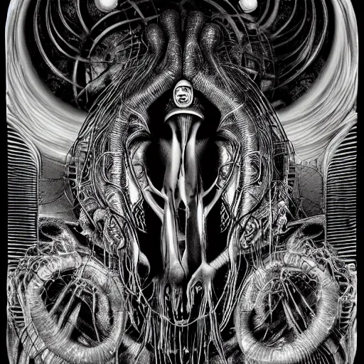 Image similar to post - punk new age album cover, magic, apocalypse, psychonaut, psychedelic, black white pink, magic, giger h. r.