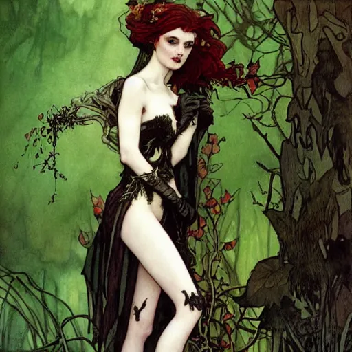 Image similar to a beautiful painting a goth girl dressed as a teenage poison ivy, dark eyeliner, intricate, elegant, highly detailed, digital painting, artstation, concept art, matte, sharp focus, illustration, art by rebecca guay and by arthur rackham and by alphonse mucha and by john william waterhouse