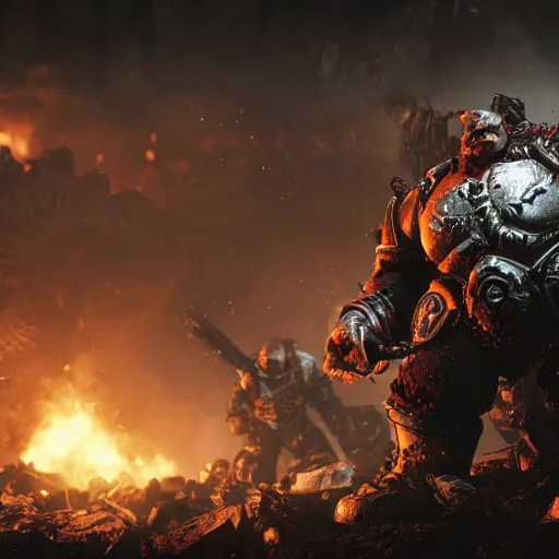 Image similar to orcs from warhammer in gears of war battlefield 5, fantasy, splash art, movie still, cinematic lighting, dramatic, octane render, long lens, shallow depth of field, bokeh, anamorphic lens flare, 8 k, hyper detailed, 3 5 mm film grain