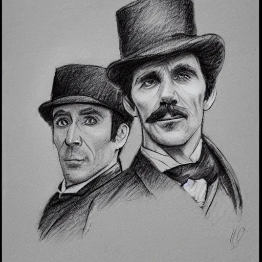 Image similar to pencil sketch portrait of sherlock holmes and dr. watson, the adventure of the speckled band