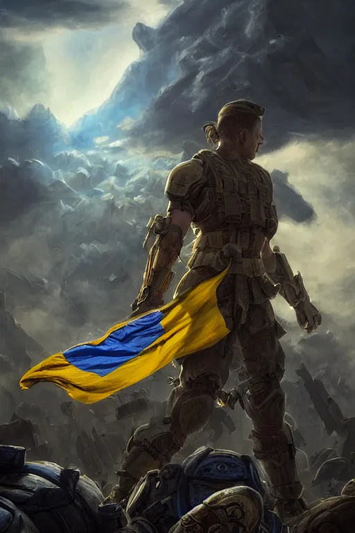 Prompt: a distant shot of a super soldier with blue and yellow flag and standing alone on a huge pile of human skulls as a winner, masculine figure, D&D, fantasy, bright hopeful atmosphere, volumetric lights, beam of bright light through the clouds, intricate, elegant, highly detailed, extremely detailed, digital painting, artstation, concept art, matte, smooth, sharp focus, hyper realistic, illustration, art by Artgerm and Greg Rutkowski and Alphonse Mucha