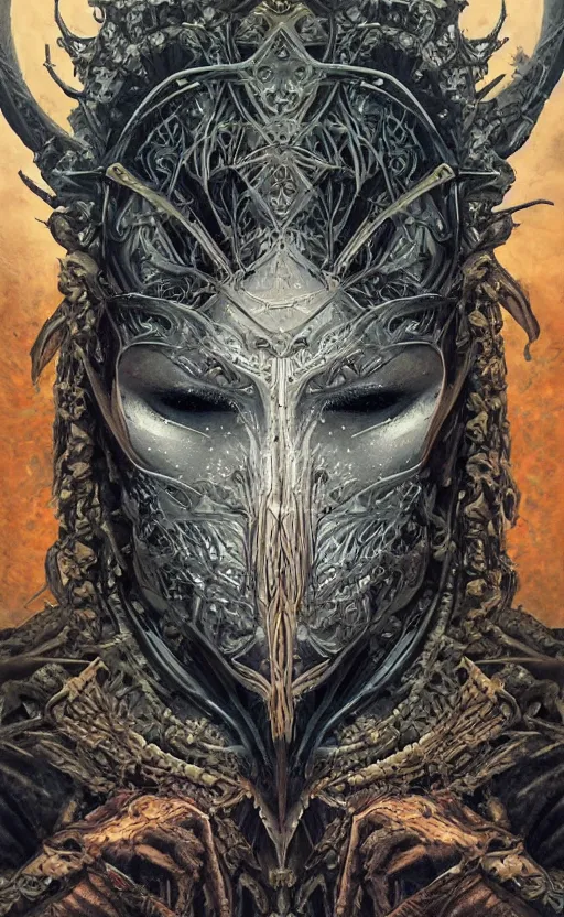 Image similar to Elden Ring themed painting of hybrid majestic aztec warrior princess fantasy biomechanical human beautiful immortal feminine angel symmetrical face angry mask closeup face breathing mask tattoo pattern golden ratio concept, deep forest psytrance Neo-Gothic concept, infinity glyph waves, intricate artwork masterpiece, very coherent artwork, cinematic, full frontal facial features by Artgerm, Takato Yamamoto, Zdizslaw Beksinski, Johnatan Wayshak, Moebius, Ayami Kojima, very coherent artwork, trending on cgsociety, ultra high quality model, production quality cinema model, high detail chromatic ink outline, octane render, unreal engine 8k, hyper realism, high detail, octane render, unreal engine, 8k, High contrast