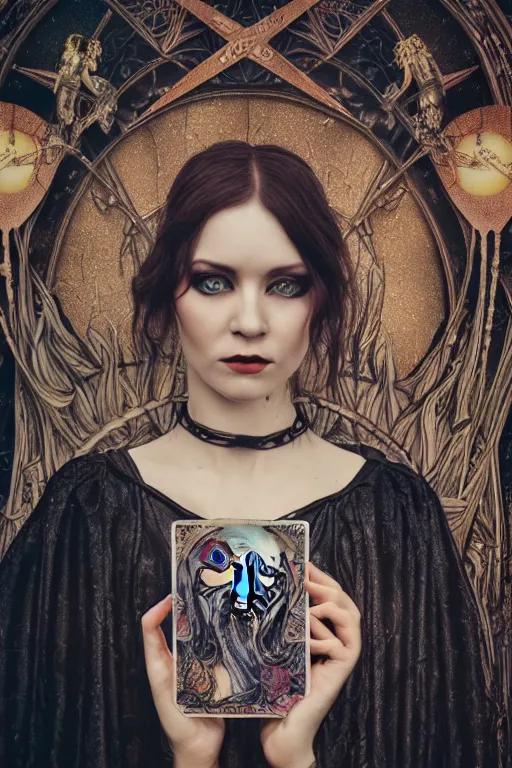 Image similar to Cinestill 50d, 8K, highly detailed, major arcana H.R Giger art nouveau nightmare Agnieszka Lorek tarot star card style 3/4 closeup portrait, eye contact, focus on model, tilt shift background: famous major arcana tarot remake, transformation scene