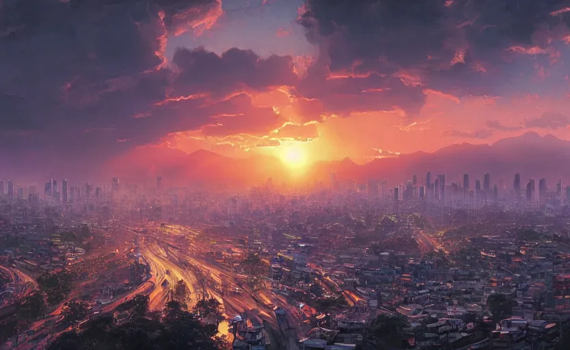 Image similar to beautiful landscape painting of peak hour traffic, edsa, manila, sunrise, god's rays highly detailed, vivid color, cinematic lighting, perfect composition, 8 k, gustave dore, derek zabrocki, greg rutkowski, belsinski, octane render