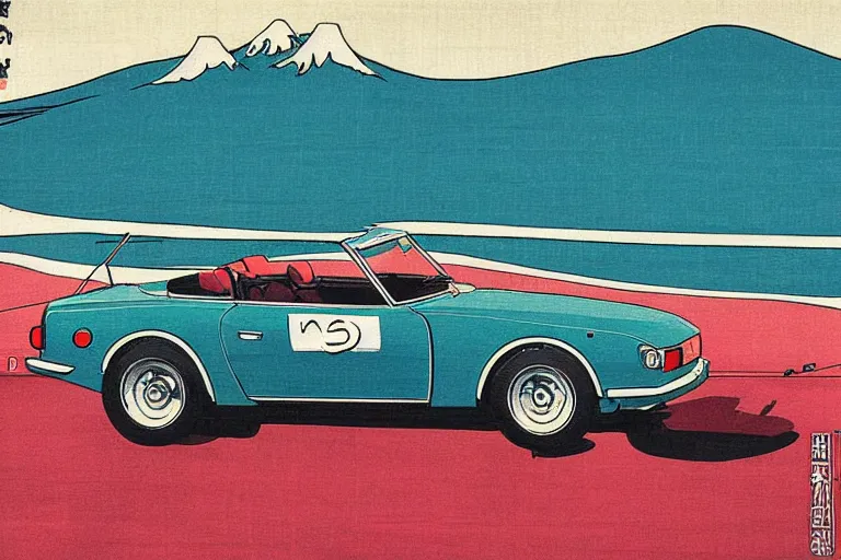 Image similar to ukiyo - e painting of a 1 9 6 9 datsun fairlady roadster