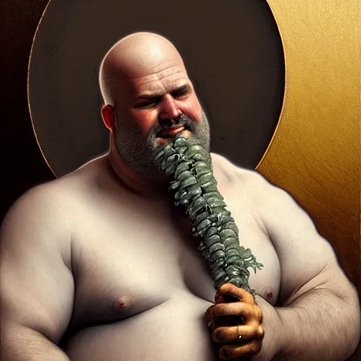 Image similar to Ethan Van Sciver as Greek god Bacchus, bald head, grey beard, pointed nose, gorgeous, amazing, fat, intricate, highly detailed, digital painting, artstation, concept art, sharp focus, illustration, art by greg rutkowski and alphonse mucha