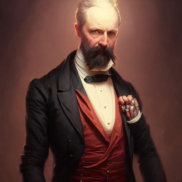 Image similar to portrait of a victorian politician, wearing a waistcoat, victorian, high detail, well lit, volumetric, godrays, vivid, trending on artstation, digital painting by jordan grimmer, art greg rutkowski