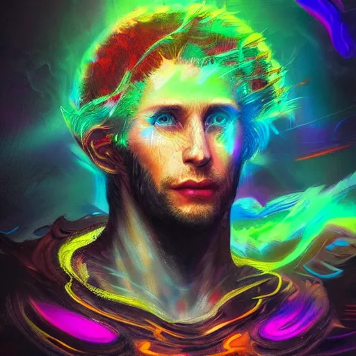 Image similar to a psychedelic young godlike humanoid, hyper detailed, in the style of greg rutkowski and ruan jia and bob ross and lisa frank, selfie