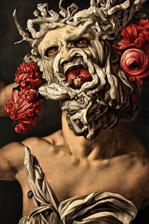 Image similar to Detailed maximalist portrait a Greek god with large white eyes and an angry face, fleshy body, botany, HD mixed media 3d collage, highly detailed and intricate, surreal illustration in the style of Caravaggio, dark art, baroque