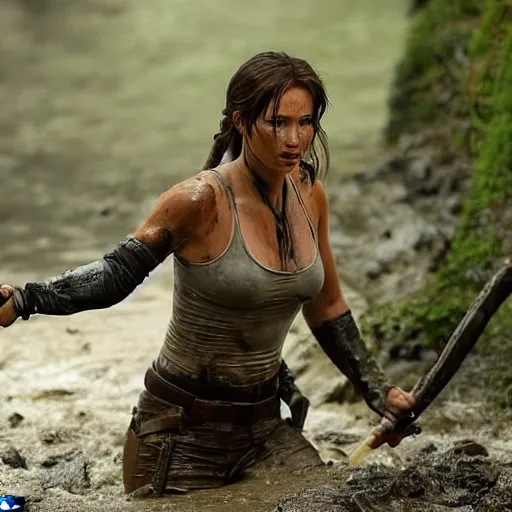 Image similar to film scene lara croft emerges from the river water, her face is covered with mud, part of the body is still in the river, it looks sweaty