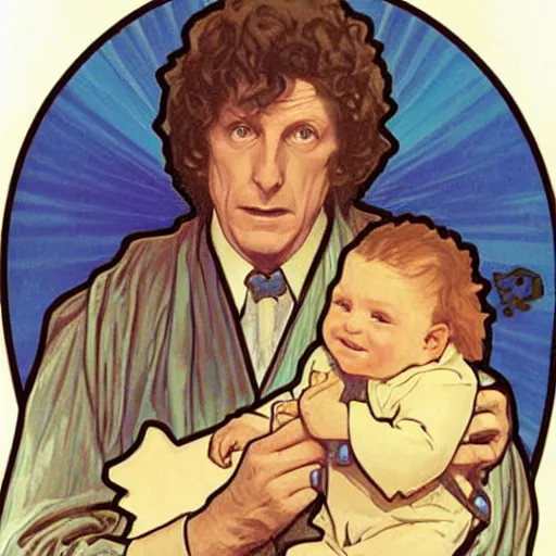 Prompt: baby gamorian guard being looked after by tom baker dr who, alphonse mucha