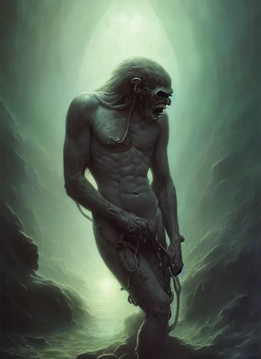 Image similar to shackled in the void of purgatory, frank frank frazetta and cgsociety, stunning sasquatch, charlie bowater and tom bagshaw, insanely detailed, deviantart, space art, atoms surrounded by skulls, death, and spirits deep water, blood splatters, horror, sci - fi, surrealist painting, by peter mohrbacher