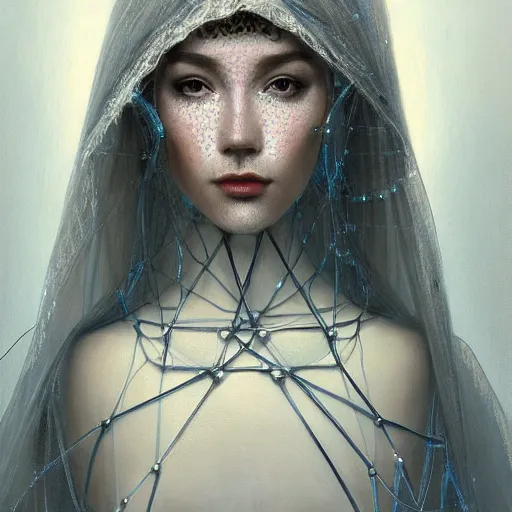 Image similar to portrait of a humanoid robot wearing a veil inspired by raised by wolves ( 2 0 2 0 ), mystic, mystical, robot body, wires, robotic, intricate, headshot, highly detailed, digital painting, artstation, concept art, sharp focus, cinematic lighting, digital painting, art by artgerm and greg rutkowski, alphonse mucha, cgsociety