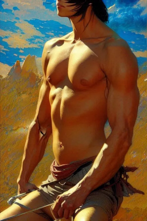 Image similar to tales of earthsea, attractive muscular male character design, painting by gaston bussiere, craig mullins, j. c. leyendecker, tom of finland