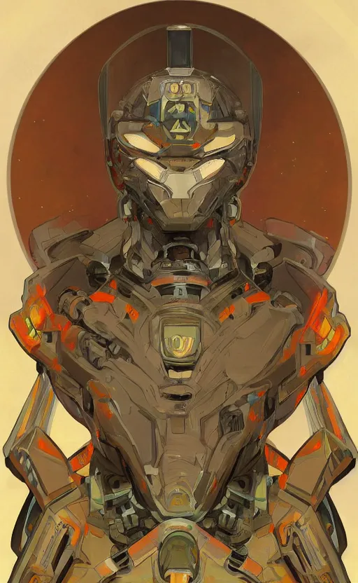 Image similar to upper half portrait of army mecha robot, art by alphonse mucha, highly detailed, digital painting, concept art, illustration, smooth sharp focus, intricate, symmetry, artstation, colourful,