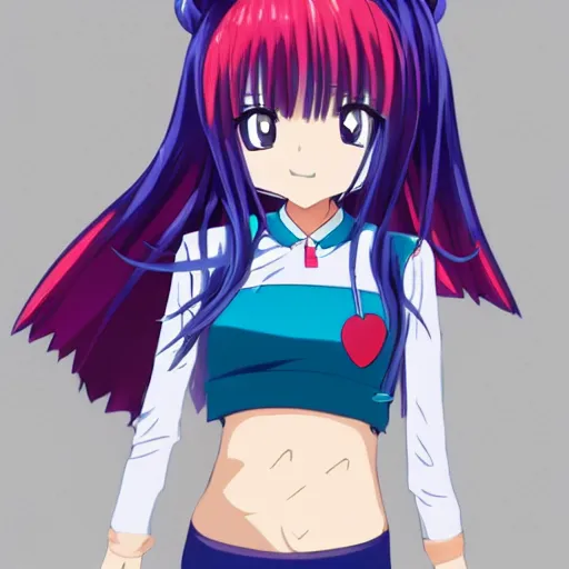 Image similar to anime girl with fark blue hair with a red streak, she is smiling, confident, wearing a school uniform, you can see her belly the top has anime demon eyes, she wear sneakers and she is holding a giant iron red half scissor