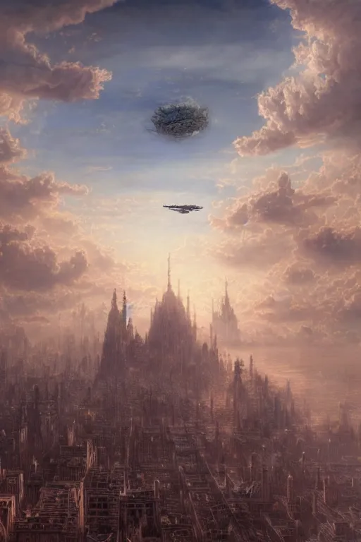 Prompt: a beautiful hyper realistic detailed matte painting of a city floating in the air, flying castle might, vivid color hues, looks like creativity by john howe, greg rutkowski, gustave dore, ferdinand knab, lush sky above a desolate apocalyptic plain, barometric projection, rectilinear, octane render, ellen jewett, beautiful surreal palatial pulsar at dawn