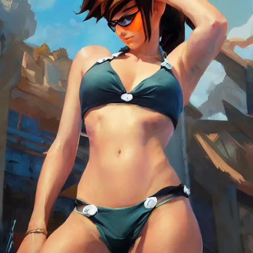 Prompt: greg manchess splash art painting of overwatch's tracer in a bikini, league of legends art, medium shot, asymmetrical, organic painting, sunny day, matte painting, bold shapes, hard edges, street art, trending on artstation, by huang guangjian and gil elvgren and sachin teng