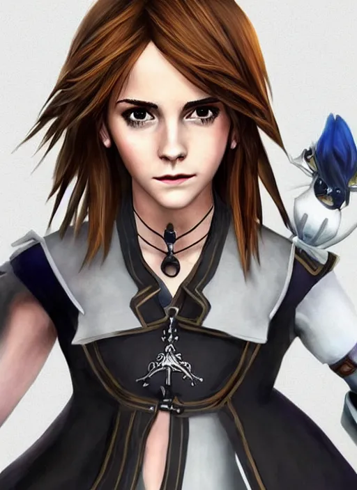 Prompt: Emma Watson as a kingdom hearts character, square enix painted official artwork, intricate, highly detailed, epic, awesome, dramatic lighting, patterns