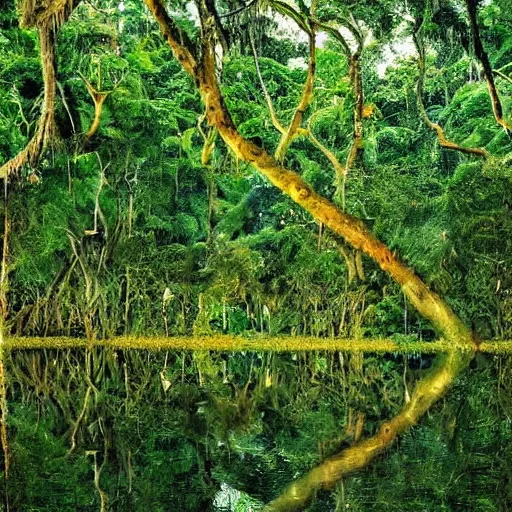 Image similar to magical trees and the amazon river in the amazon rainforest by anderson debernardi and pablo amaringo