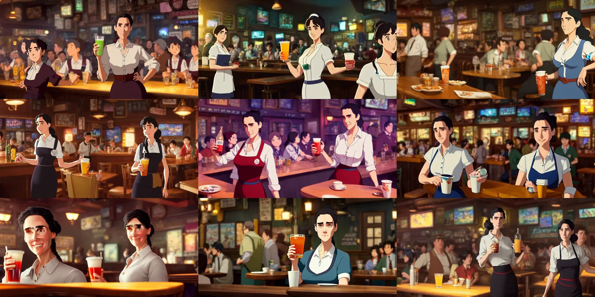 Prompt: a wholesome animation key shot of jennifer connelly as a waitress carrying drinks in a crowded downtown bar, medium shot, waist up, studio ghibli, pixar and disney animation, sharp, rendered in unreal engine 5, anime key art by greg rutkowski, bloom, dramatic lighting