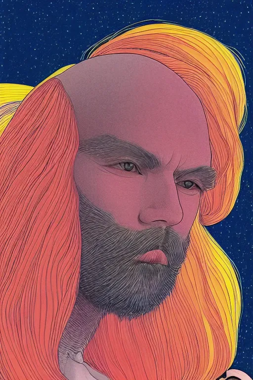 Image similar to a colorful closeup portrait of a young bald man with a very long wild beard dreaming psychedelic hallucinations in the vast icy landscape of antarctica, by kawase hasui, moebius and edward hopper, colorful flat surreal design, hd, 8 k, artstation