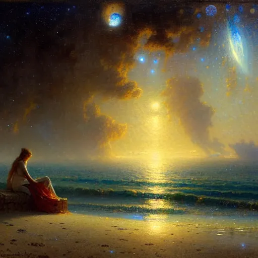 Image similar to night, the ocean, the milk way galaxy. highly detailed painting by gaston bussiere, greg rutkowski 8 k