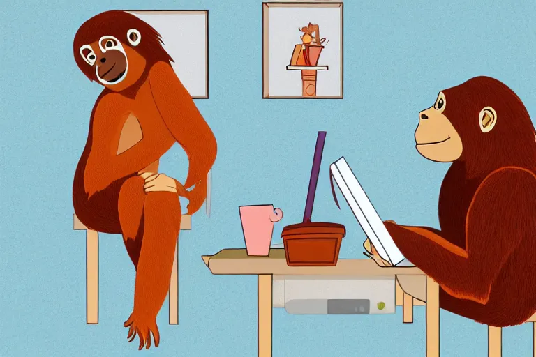 Prompt: lofi girl orangutan chilling at a desk in bedroom, cartoonish, serene