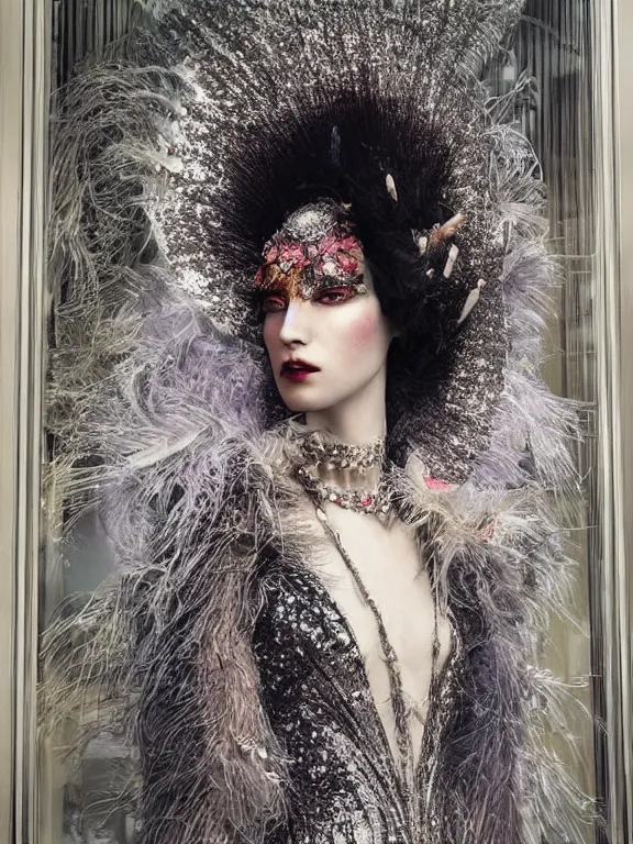 Image similar to realistic 3d character render of a beautiful model in the bergdorf goodman windows, veiled, embellished sequined,feather-adorned,by tom bagshaw,Cedric Peyravernay,William Holman Hunt,William Morris,Catherine Nolin,metropolis,Gucci,Dior,trending on pinterest,maximalist,glittering,feminine