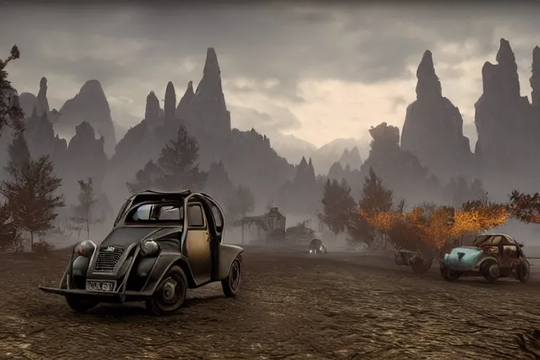 Prompt: daedric offroad citroen 2 cv ( 1 9 6 5 ) driving across the rift, daedric axe stored on the side of the car, leather and cloth traveller backpacks on roof, riften city in the background, epic fantasy, autumn, the elder scrolls v : skyrim, dramatic lighting, establishing shot, by simon stalenhag