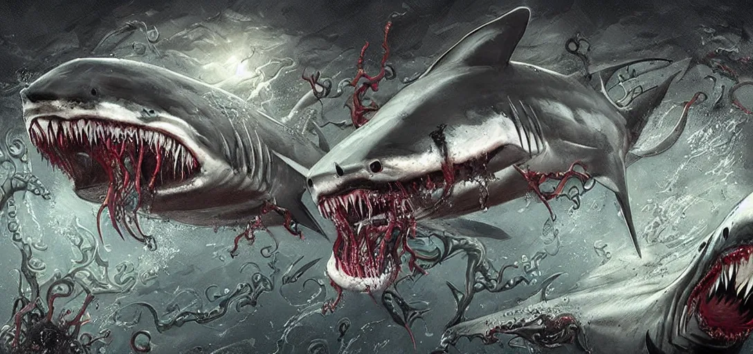 Image similar to concept art of shark attack, lovecraftian, lots of teeth, melting horror, fighting the horrors of the unknown with laser guns