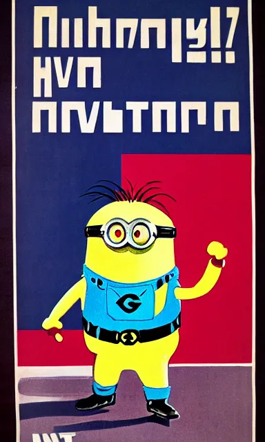 Image similar to Minion on old Soviet poster, high quality, warm colours, red colours