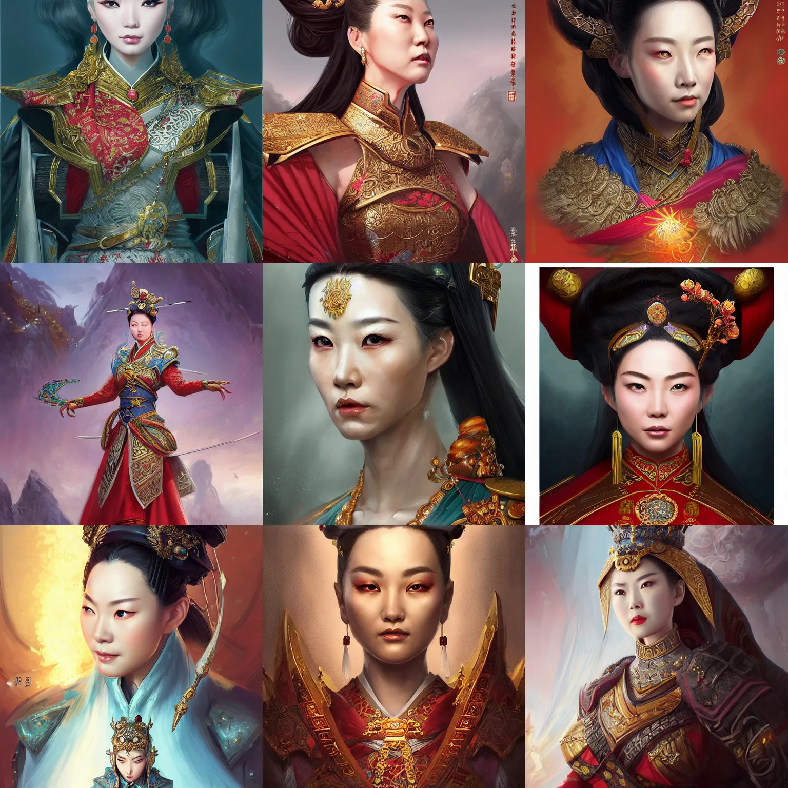 Prompt: chinese empress, D&D, fantasy, portrait, highly detailed, digital painting, trending on artstation, concept art, sharp focus, illustration, art by artgerm and greg rutkowski and magali villeneuve