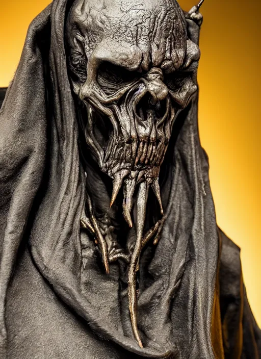 Image similar to photo taken of an epic intricate, ultra detailed, super realistic sculpture of a nightmarish hellish demonic hooded grim reaper sculpture on display in a workshop, created by weta workshop, full body shots, photorealistic, sharp focus, f 0. 4, face centred, macro photography, golden ratio, golden hour