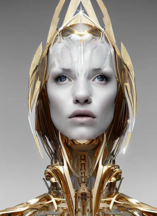 Image similar to a statue made of white marble with gold veins, of an gorgeous futuristic cybernetic angel girl, prostheses, transhumanism, full body shot, perfect symmetrical body, perfect symmetrical face, hyper realistic, hyper detailed, by johannen voss, by peter kemp, by monia merlo, by michelangelo, octane render, blender, 8 k